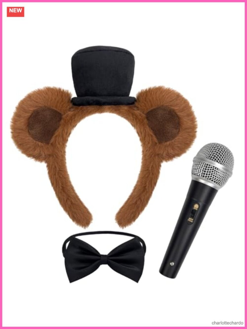 Bear Costume Accessory Set Plush Ear Headband Top Hat Bow Tie Toy Mic Adult